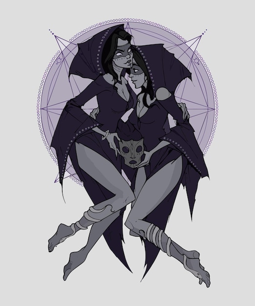 Um desenho animado de uma mulher e um homem com uma caveira no peito.
