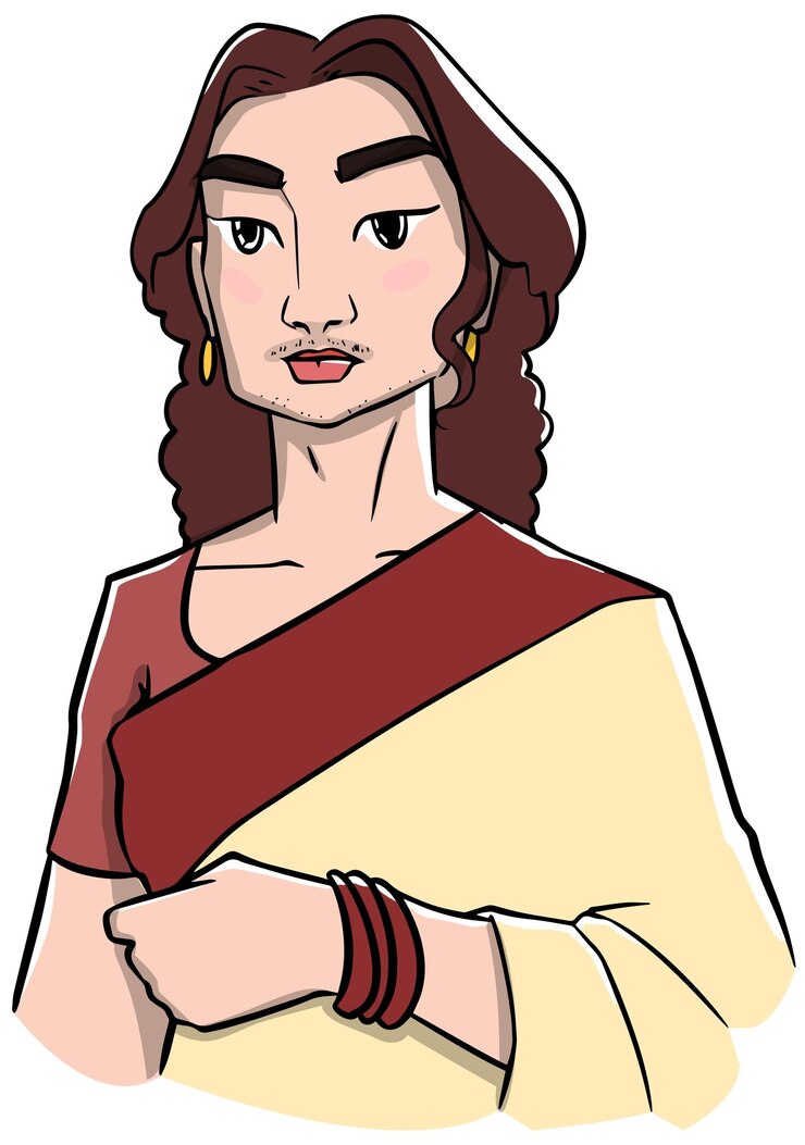 Vetor um desenho animado de uma mulher em um sari com um sari vermelho e amarelo.