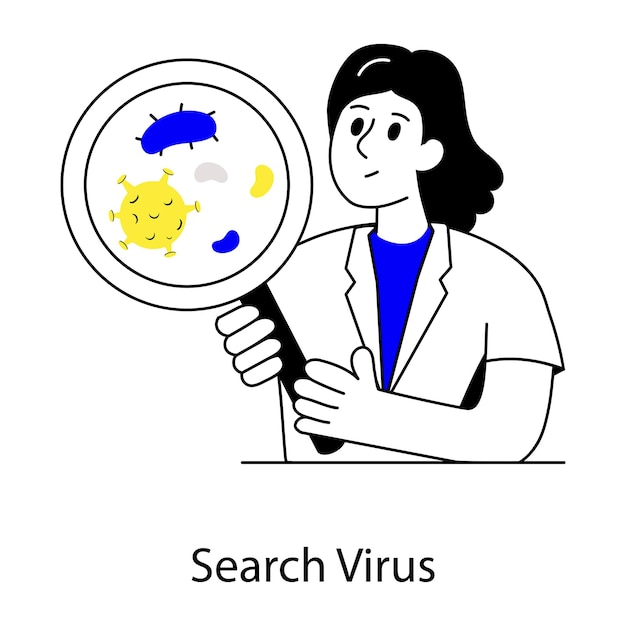 Vetor um desenho animado de uma mulher segurando uma lupa com um jaleco branco que diz pesquisar vírus.