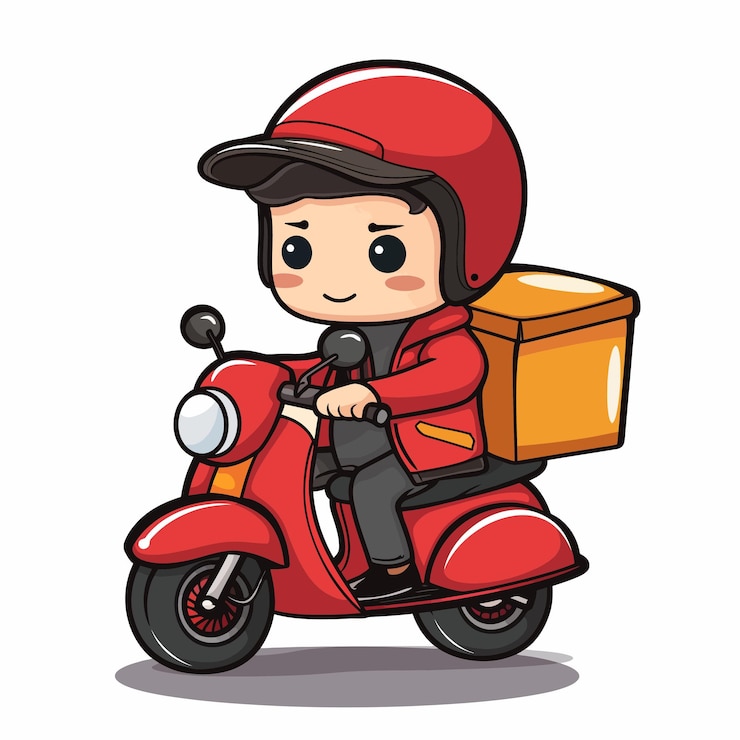 Vetor um desenho animado de uma pessoa em uma scooter com uma caixa na frente