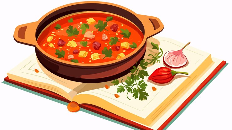 Vetor um desenho animado de uma sopa com uma colher e um livro com uma imagem de morangos nele