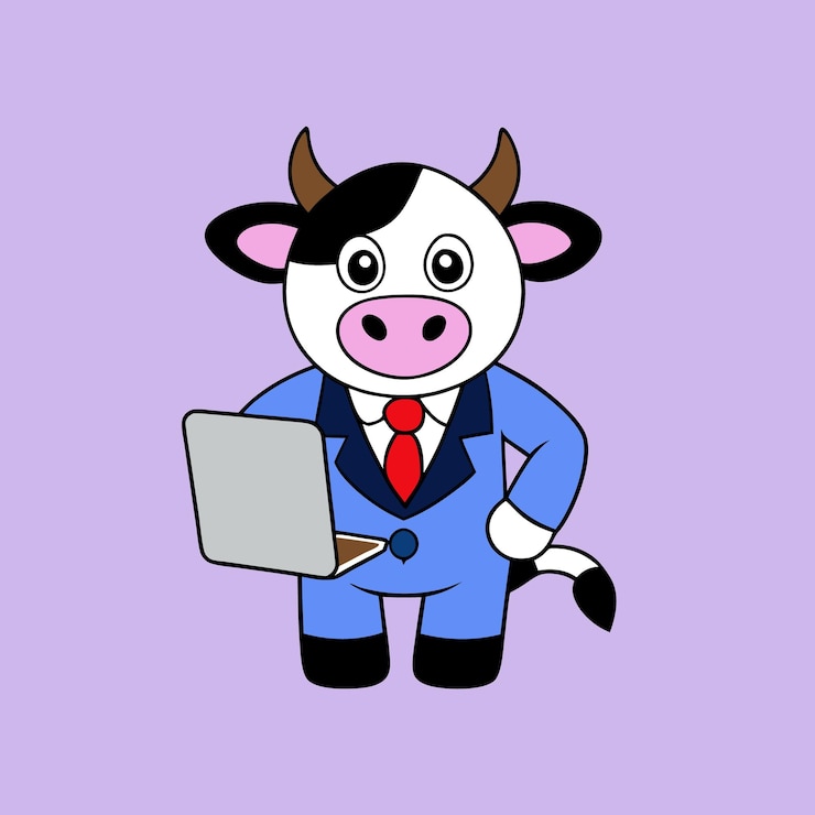 Vetor um desenho animado de uma vaca vestindo um terno e uma gravata com um laptop na frente dele
