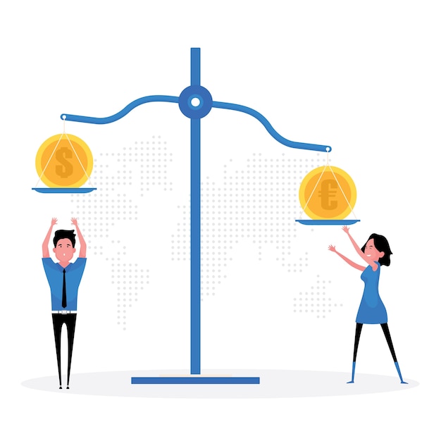 Um desenho animado mostrando uma diferença na taxa de câmbio mostra duas pessoas em pé ao lado de uma balança com uma moeda