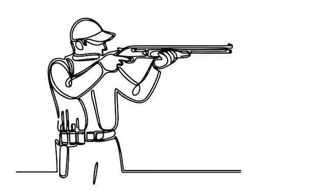 Um desenho contínuo de arte de linha preta do atirador é o vetor de contorno de tiro esportivo
