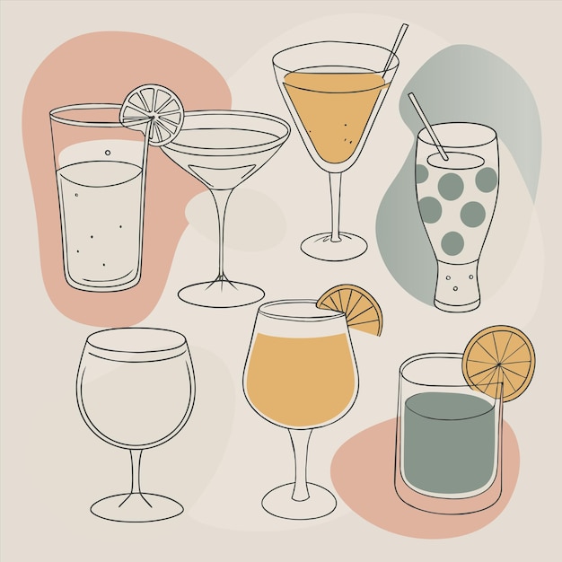 um desenho de bebidas, incluindo coquetéis, coquetéis e bebidas