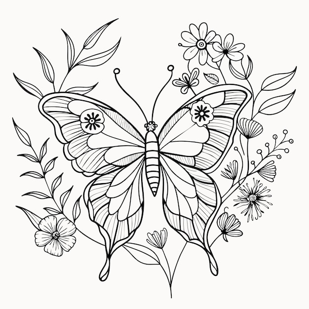 Vetor um desenho de borboleta com flores e borboletas