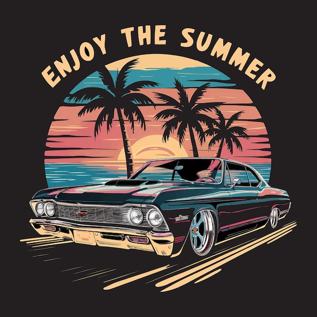 Vetor um desenho de camiseta com um carro navegando ao longo de uma praia ao anoitecer com um pôr-do-sol como pano de fundo