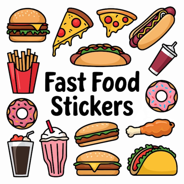 um desenho de desenho animado de adesivos de fast food com as palavras adesivos de Fast Food nele