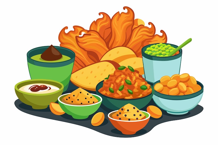 Vetor um desenho de desenho animado de comida, incluindo pão de pão e uma tigela de biscoitos