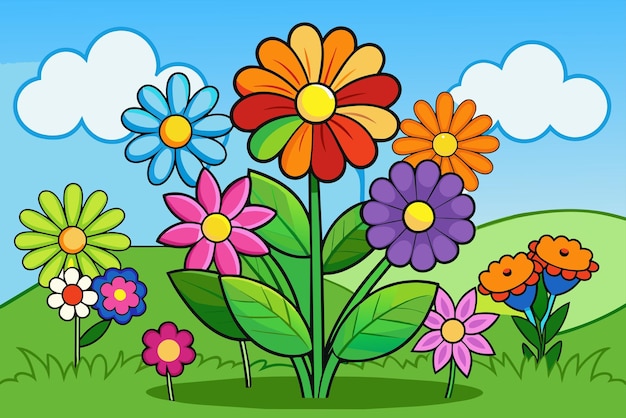 Vetor um desenho de desenho animado de flores com diferentes cores