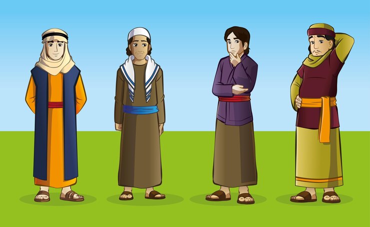 um desenho de desenho animado de pessoas em roupas tradicionais com um deles tem uma camisa azul que diz não