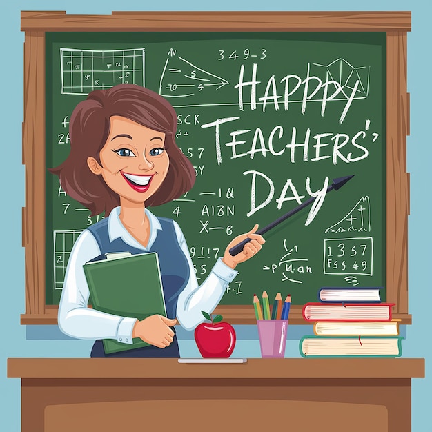 Vetor um desenho de desenho animado de professores em um quadro com um dia de professores escrito nele
