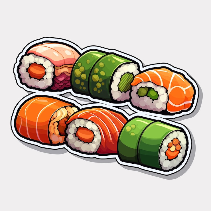 Vetor um desenho de desenho animado de sushi e sushi com um adesivo de sushi