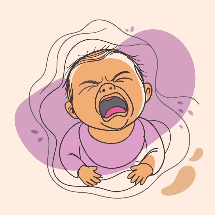 Vetor um desenho de desenho animado de um bebê chorando com um fundo roxo
