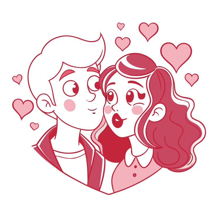 Vetor um desenho de desenho animado de um casal com corações e um homem com uma mulher em um fundo vermelho e branco