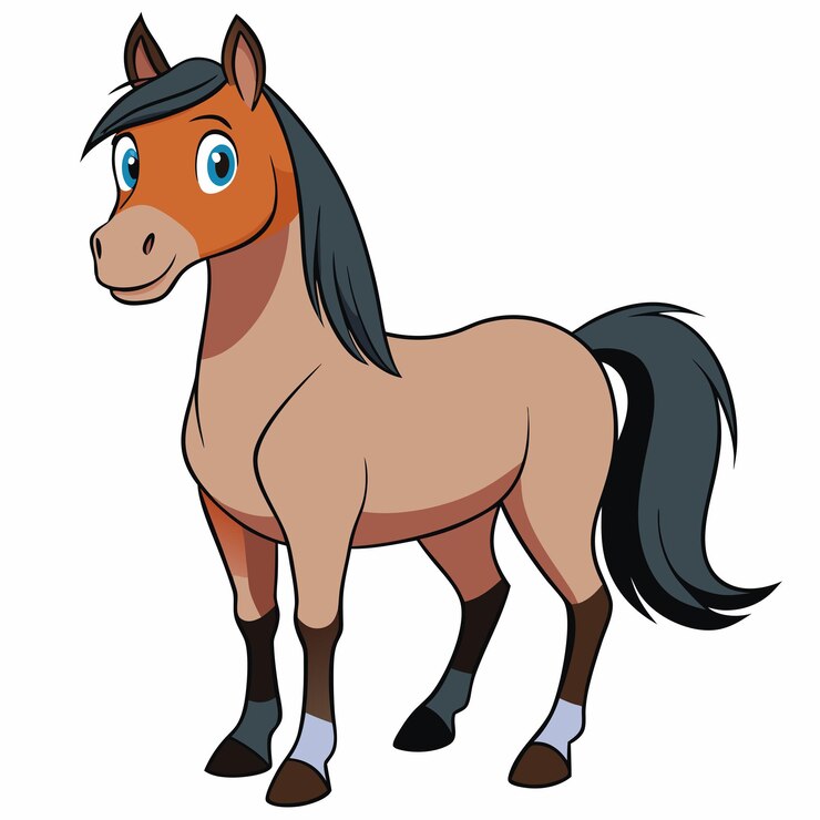 um desenho de desenho animado de um cavalo com uma cauda preta e uma cauda marrom e preta