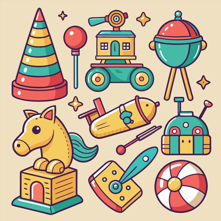 Vetor um desenho de desenho animado de um cavalo e um brinquedo com um cavalo nele