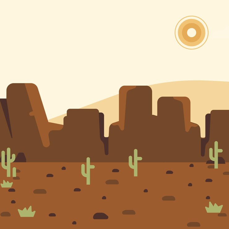 Vetor um desenho de desenho animado de um deserto com um sol e montanhas ao fundo