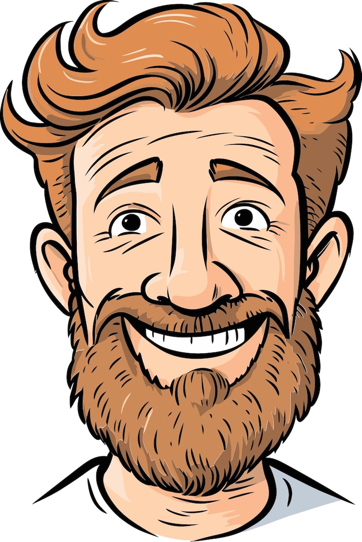 Vetor um desenho de desenho animado de um homem com barba e um grande sorriso