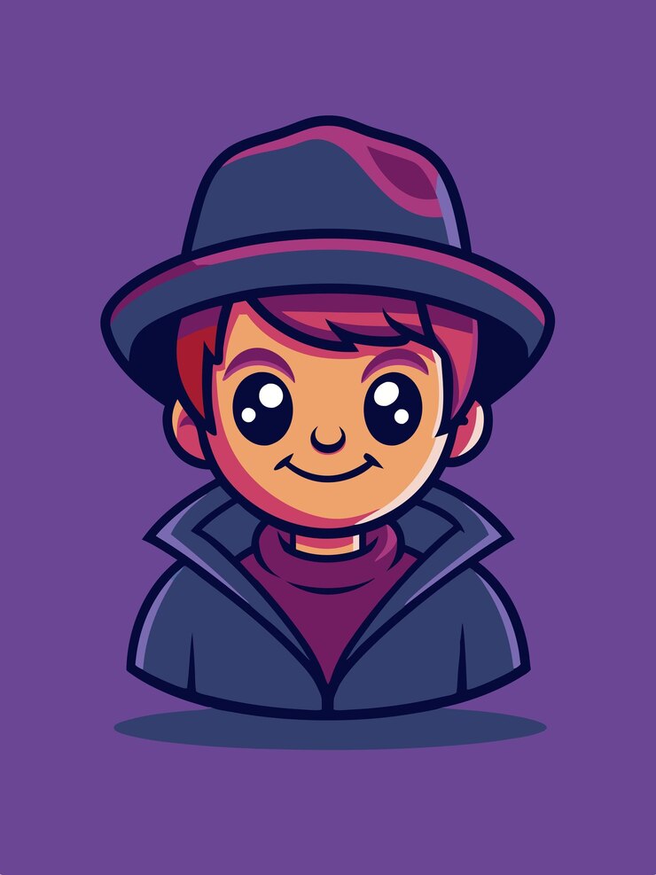 Vetor um desenho de desenho animado de um menino com um chapéu que diz " o nome da personagem "