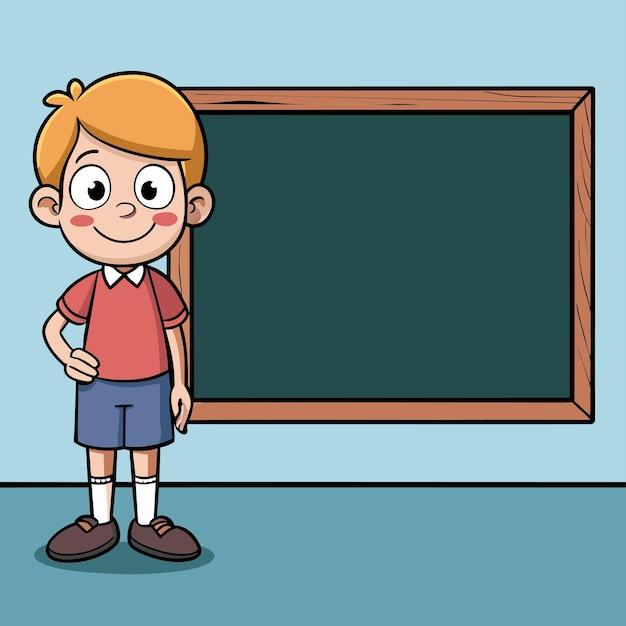 Vetor um desenho de desenho animado de um menino com uma camisa vermelha e um tabuleiro com uma foto de um rapaz de pé em fro