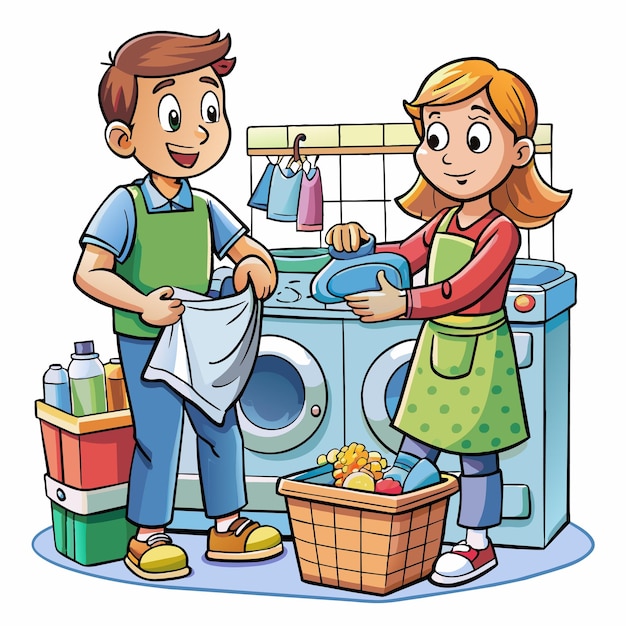 Vetor um desenho de desenho animado de um menino e uma menina lavando a roupa