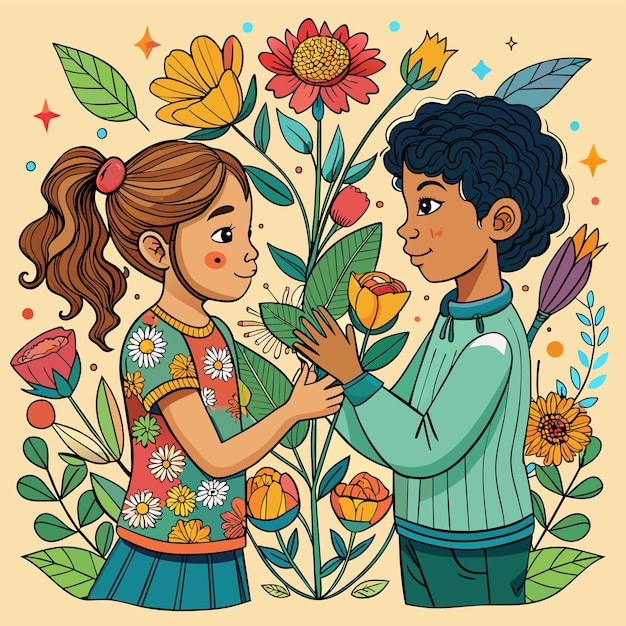 Vetor um desenho de desenho animado de um menino e uma menina segurando flores