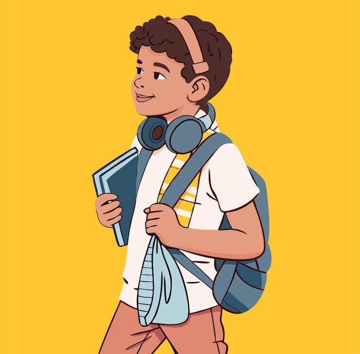 Vetor um desenho de desenho animado de um menino usando fones de ouvido e carregando um livro