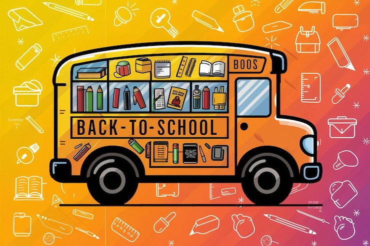 Vetor um desenho de desenho animado de um ônibus com as palavras de volta para a escola nele
