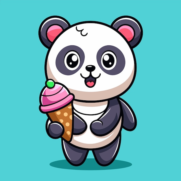 um desenho de desenho animado de um panda com um cone e um cone de sorvete de brinquedo