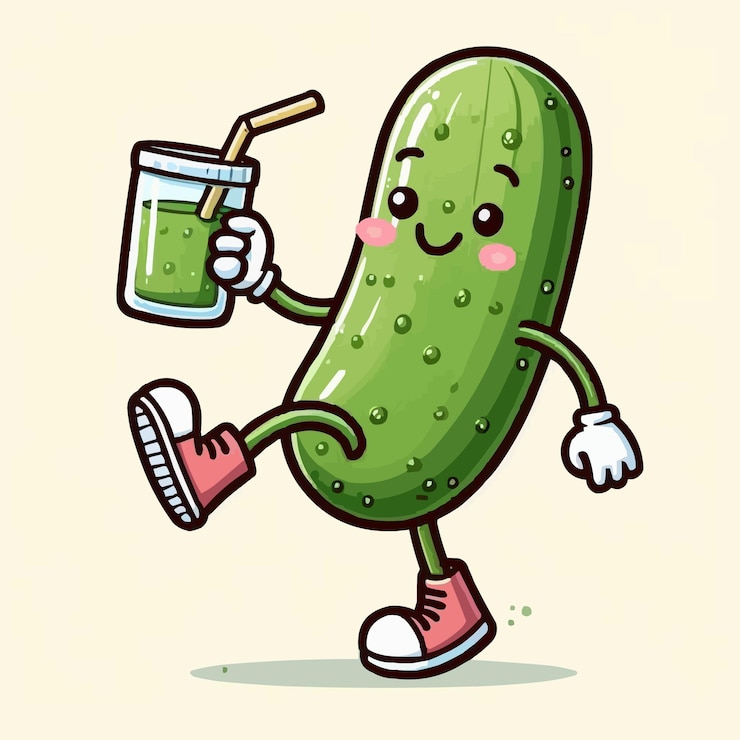 Vetor um desenho de desenho animado de um pepino com uma palha na mão
