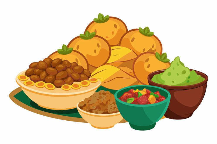 Vetor um desenho de desenho animado de um pequeno-almoço com frutas e legumes