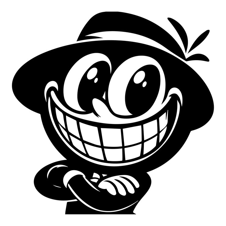Vetor um desenho de desenho animado de um personagem de cartoon com um grande sorriso silhueta de cor preta