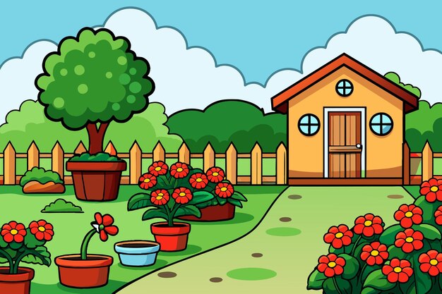 Vetor um desenho de desenho animado de uma casa com flores e uma cerca com uma árvore no fundo