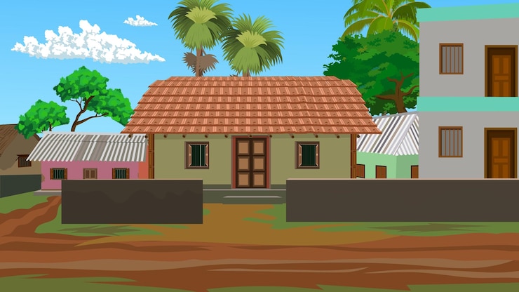 Vetor um desenho de desenho animado de uma casa com palmeiras e uma casa com uma palmeira no fundo
