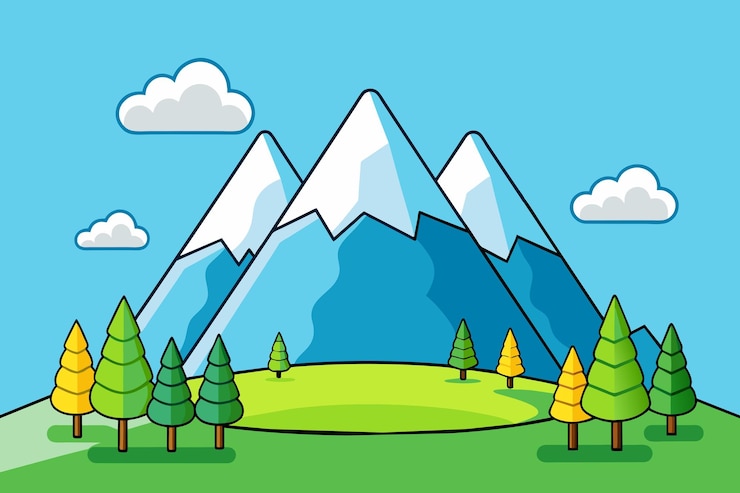Vetor um desenho de desenho animado de uma montanha com árvores e um céu azul com nuvens