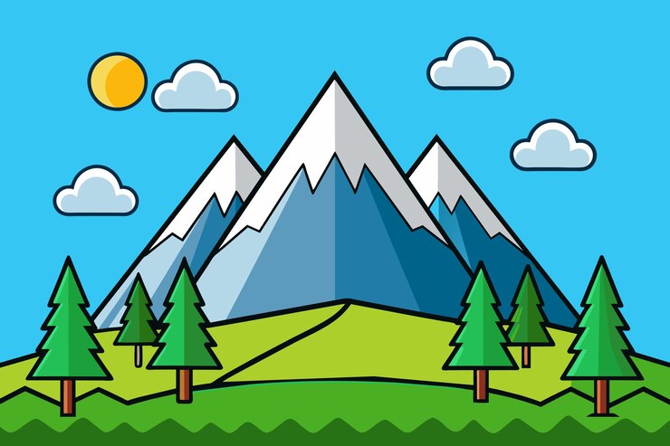 Vetor um desenho de desenho animado de uma montanha com árvores e um fundo de céu