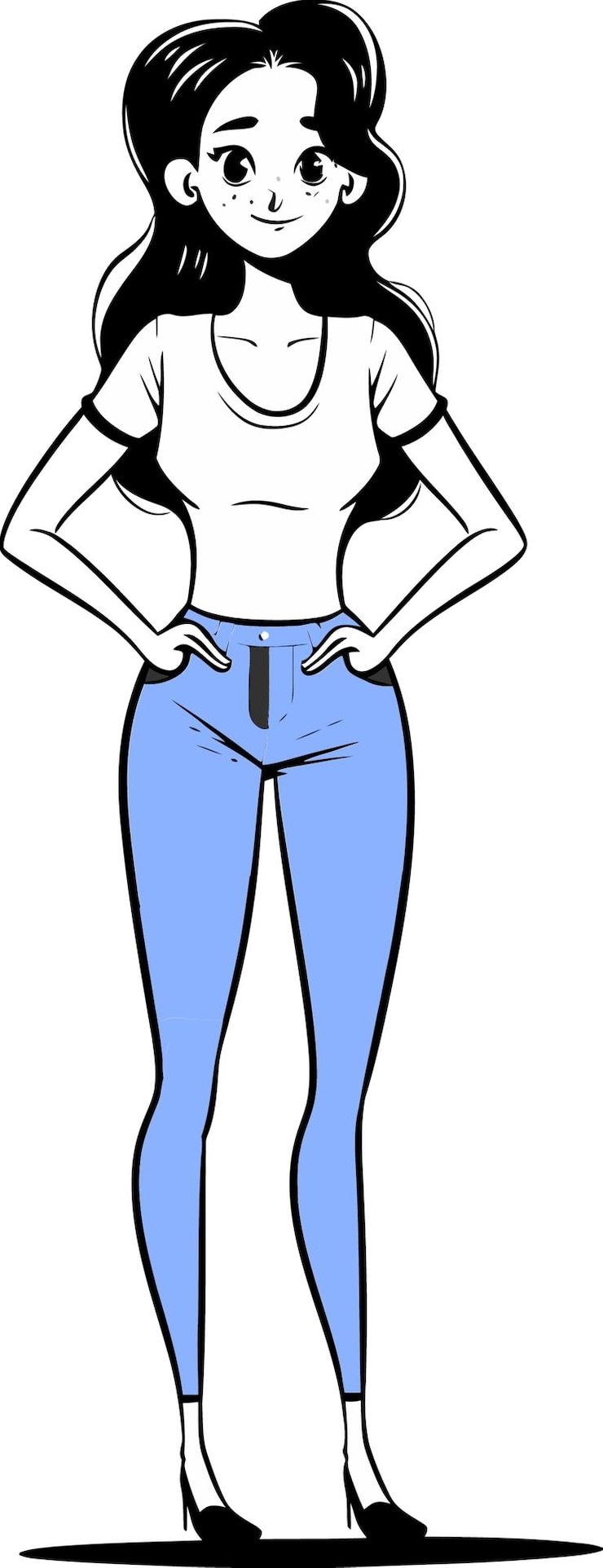 Vetor um desenho de desenho animado de uma mulher vestindo jeans azuis com as mãos nos quadris