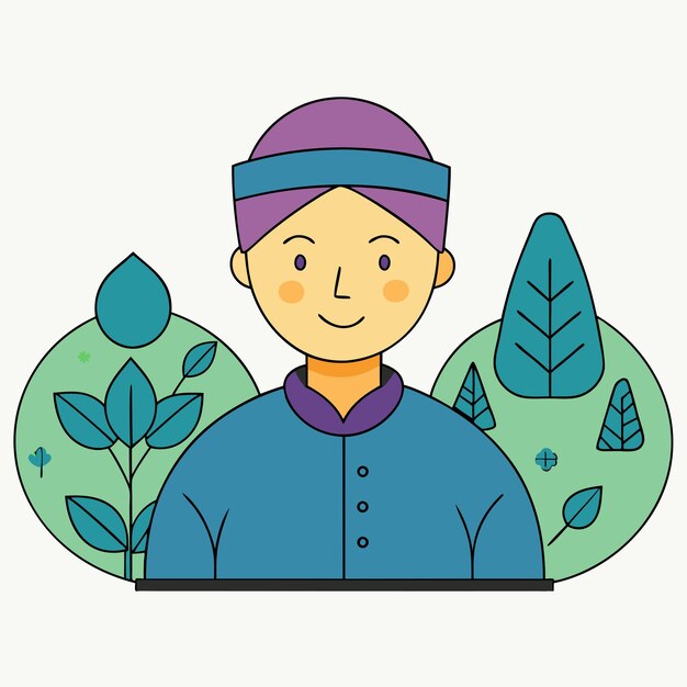 um desenho de desenho animado de uma pessoa com um chapéu azul e uma planta de folhas verdes