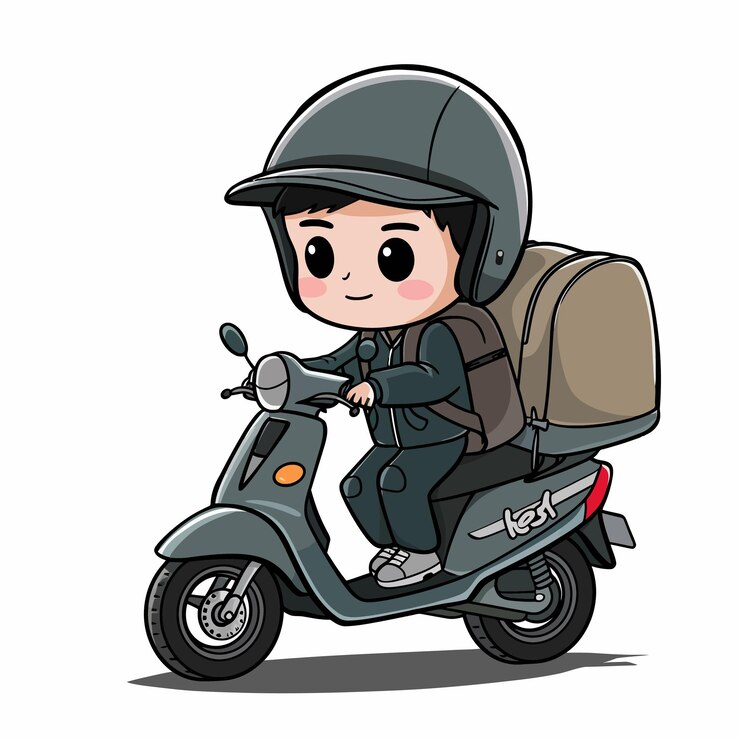 Vetor um desenho de desenho animado de uma pessoa em uma scooter com um capacete nele