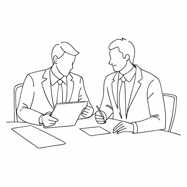um desenho de dois homens sentados em uma mesa com uma caneta e papel