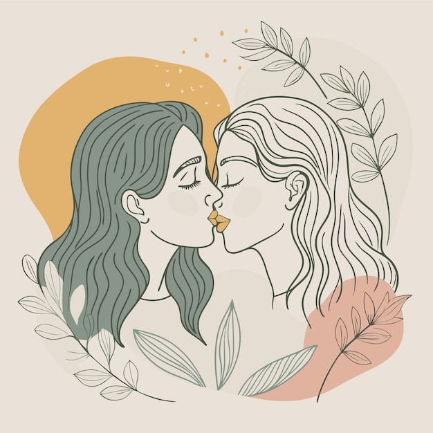 Um desenho de duas mulheres a beijar-se e uma com uma flor.