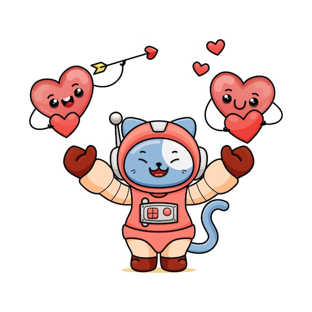 um desenho de gato fofo em uma fantasia de astronauta levanta as duas mãos com dois personagens de coração acima da cabeça