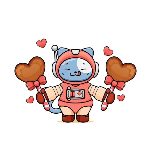 Um desenho de gato fofo em uma fantasia de astronauta segurando dois bombons de coração de chocolate