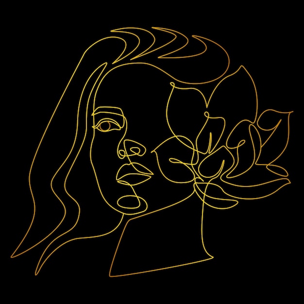 Um desenho de linha amarela de uma mulher com flores nele.