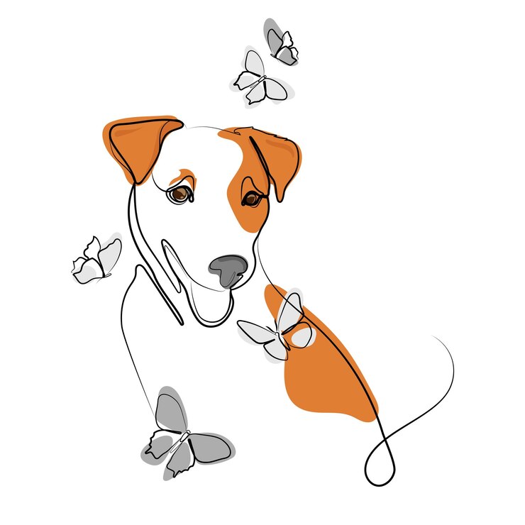 Vetor um desenho de linha cachorro jack russell raça com borboletas esboço de linha vector