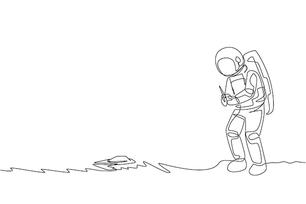 Um desenho de linha contínua astronauta jogando controle de rádio de barco de velocidade no vetor de galáxia cósmica da lua