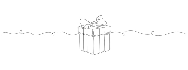 Um desenho de linha contínua da caixa de presente de natal surpresa de presente embrulhado com ícone de fita e arco em estilo linear simples curso editável doodle ilustração vetorial