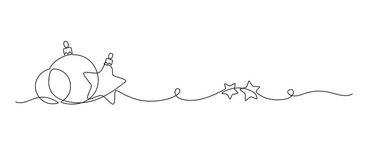 Vetor um desenho de linha contínua de cartão de saudação de natal bolas festivas e bolas e estrelas para o conceito de férias de inverno em estilo linear simples decoração de natal em traço editável ilustração vetorial doodle
