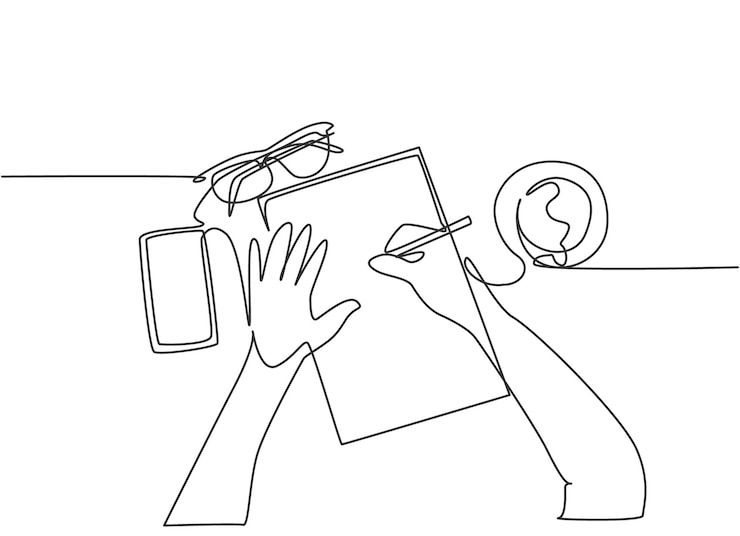 Vetor um desenho de linha contínua de gesto de escrita à mão em um pedaço de papel ao lado do smartphone de óculos